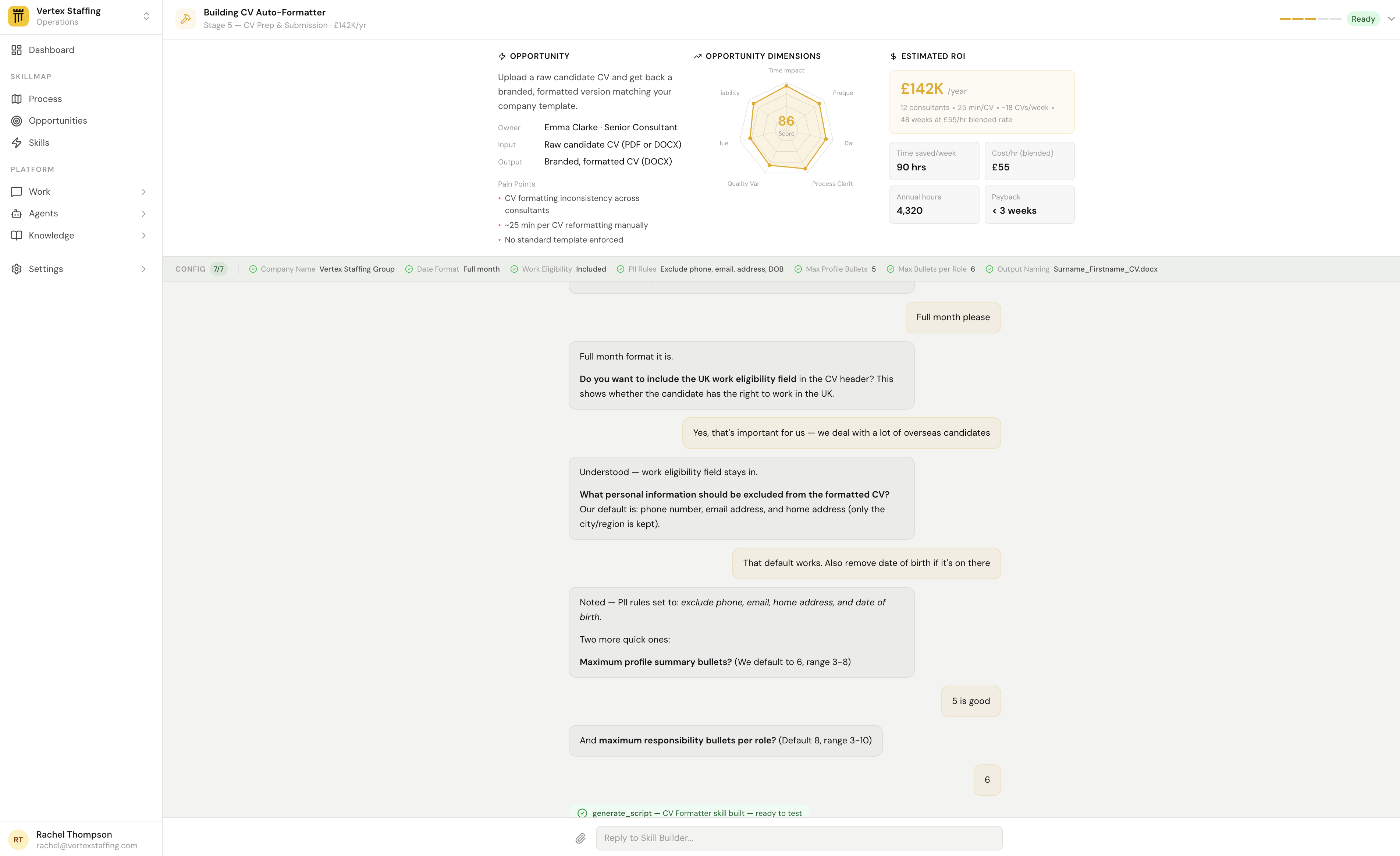 Soria OS Skill Builder — configuring a CV Auto-Formatter